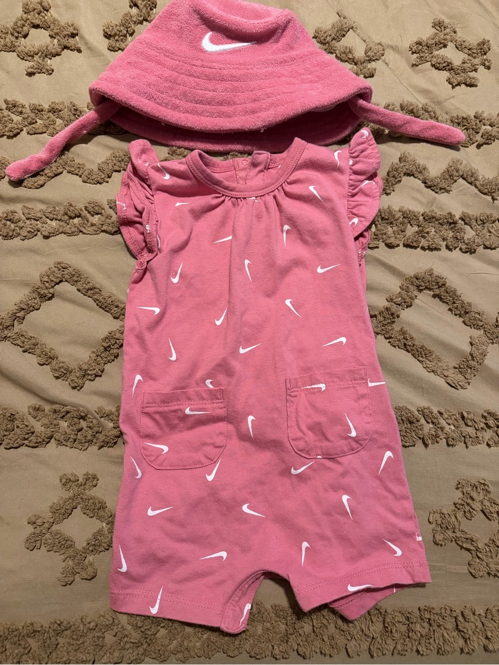 Nike Pink Girls' Short-Sleeve One-Piece Romper with Matching Sun Hat